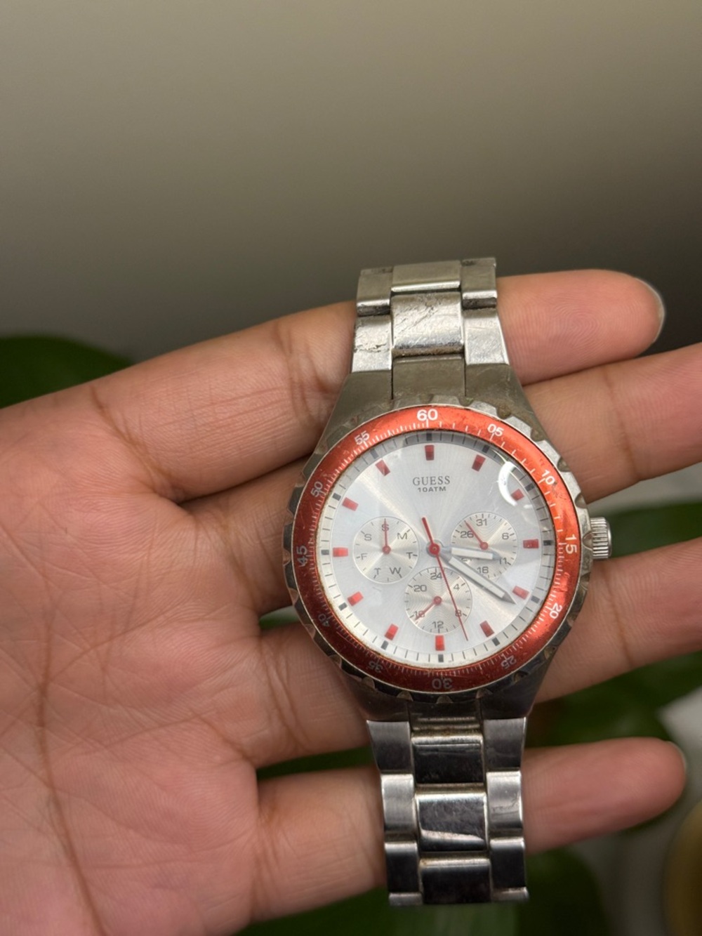 GUESS Mens Stainless Steel Watch with Red Accent